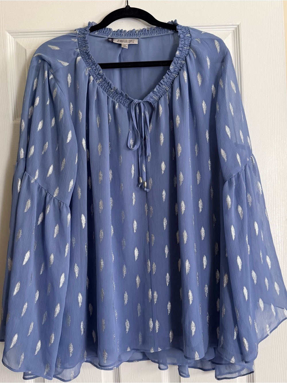 Jennifer Lopez Periwinkle Metallic Dot Ruffled Peasant Blouse